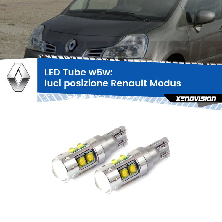 <strong>Luci posizione LED 6000k per Renault Modus</strong>  2004-2012. Lampadine <strong>W5W</strong> canbus modello Tube, luce bianco lunare, lunga durata e compatibilità.