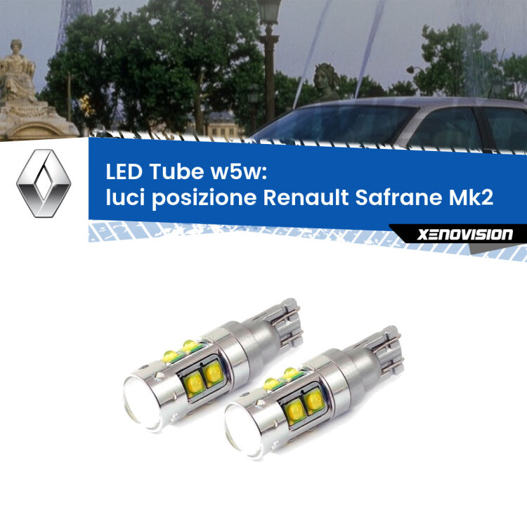 <strong>Luci posizione LED 6000k per Renault Safrane</strong> Mk2 1996-2000. Lampadine <strong>W5W</strong> canbus modello Tube, luce bianco lunare, lunga durata e compatibilità.