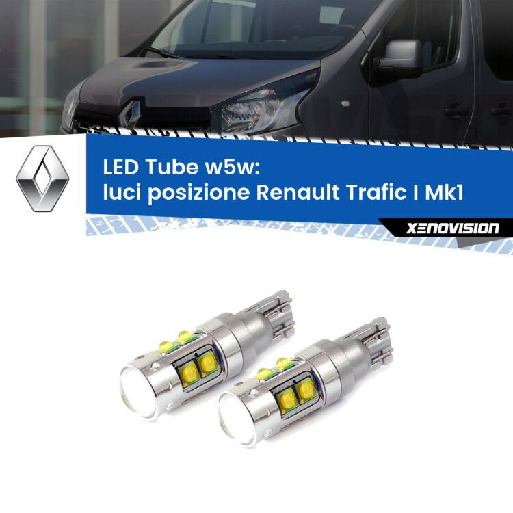 <strong>Luci posizione LED 6000k per Renault Trafic I</strong> Mk1 1980-2000. Lampadine <strong>W5W</strong> canbus modello Tube, luce bianco lunare, lunga durata e compatibilità.