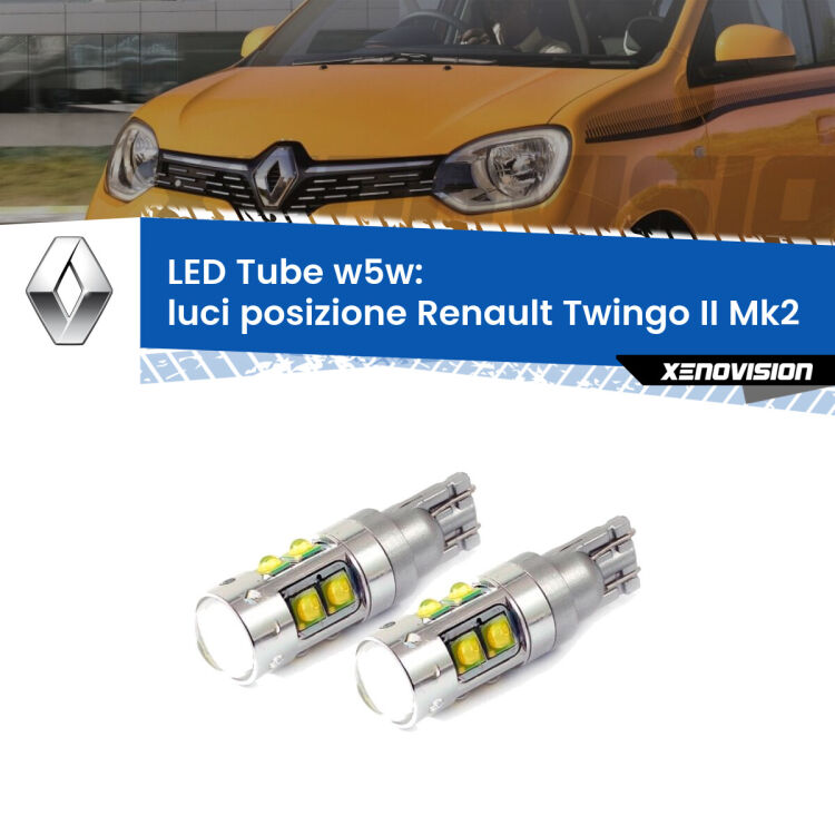 <strong>Luci posizione LED 6000k per Renault Twingo II</strong> Mk2 2007-2013. Lampadine <strong>W5W</strong> canbus modello Tube, luce bianco lunare, lunga durata e compatibilità.