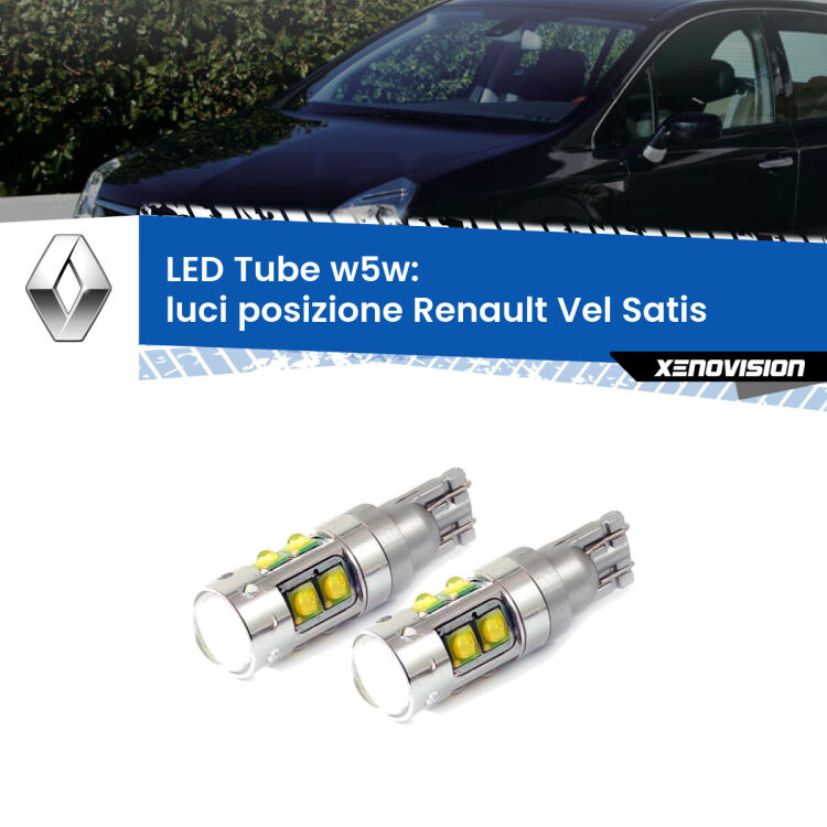 <strong>Luci posizione LED 6000k per Renault Vel Satis</strong>  2002-2010. Lampadine <strong>W5W</strong> canbus modello Tube, luce bianco lunare, lunga durata e compatibilità.