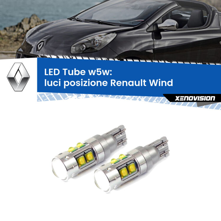 <strong>Luci posizione LED 6000k per Renault Wind</strong>  2010-2013. Lampadine <strong>W5W</strong> canbus modello Tube, luce bianco lunare, lunga durata e compatibilità.