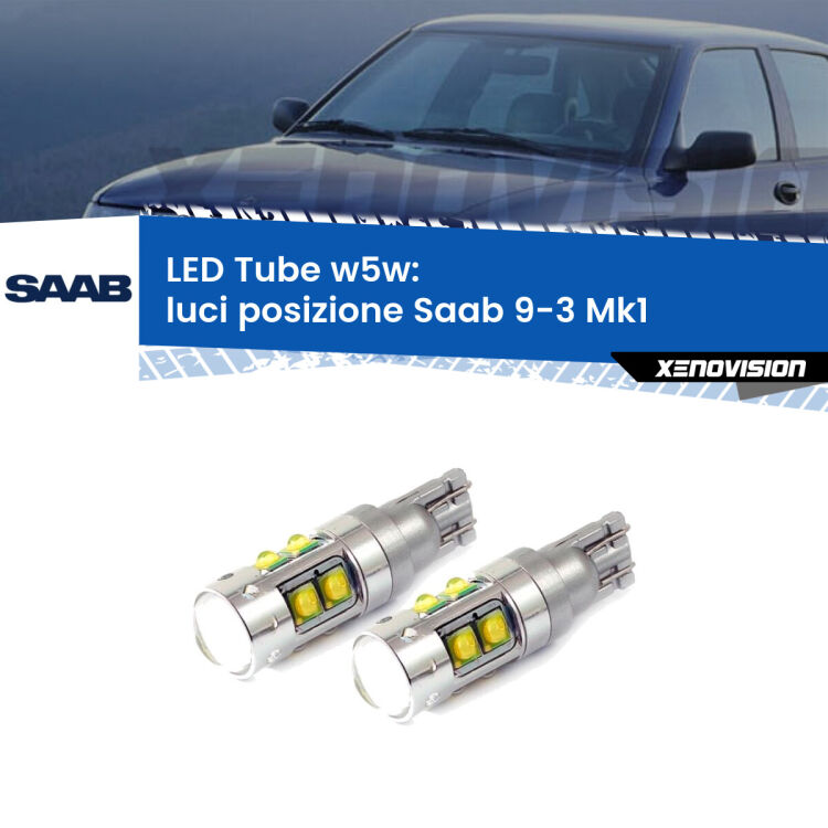 <strong>Luci posizione LED 6000k per Saab 9-3</strong> Mk1 1998-2002. Lampadine <strong>W5W</strong> canbus modello Tube, luce bianco lunare, lunga durata e compatibilità.