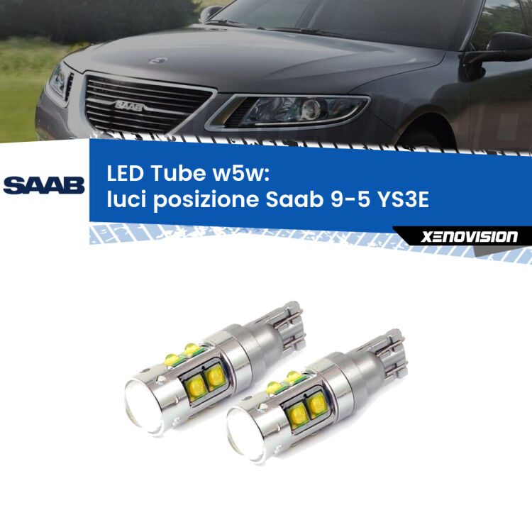 <strong>Luci posizione LED 6000k per Saab 9-5</strong> YS3E 1997-2010. Lampadine <strong>W5W</strong> canbus modello Tube, luce bianco lunare, lunga durata e compatibilità.