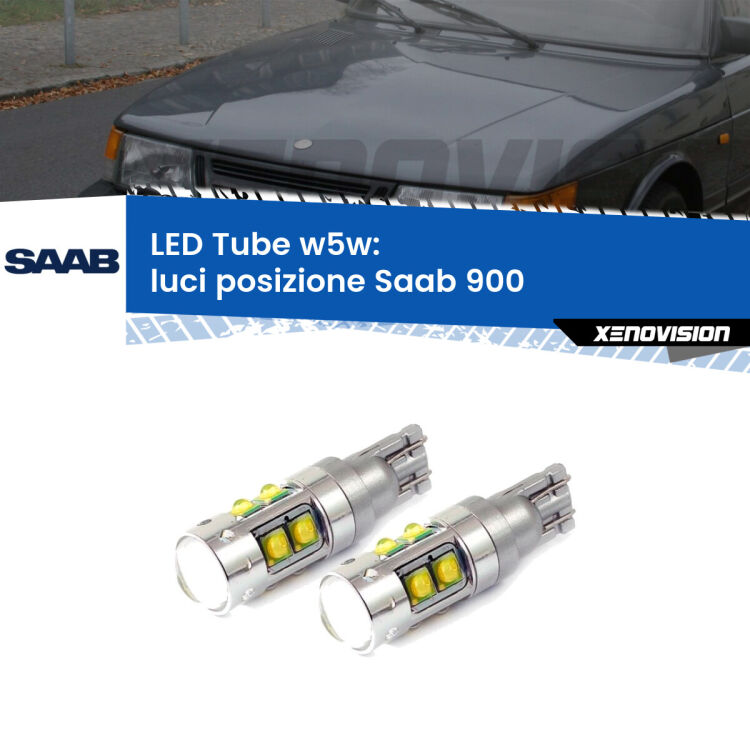 <strong>Luci posizione LED 6000k per Saab 900</strong>  1993-1998. Lampadine <strong>W5W</strong> canbus modello Tube, luce bianco lunare, lunga durata e compatibilità.