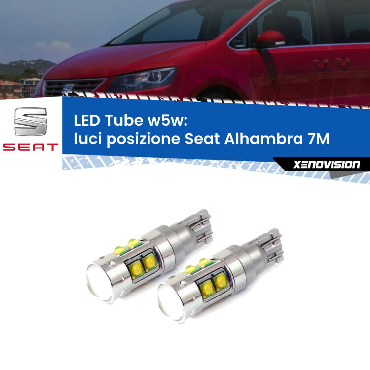 <strong>Luci posizione LED 6000k per Seat Alhambra</strong> 7M 1996-2010. Lampadine <strong>W5W</strong> canbus modello Tube, luce bianco lunare, lunga durata e compatibilità.