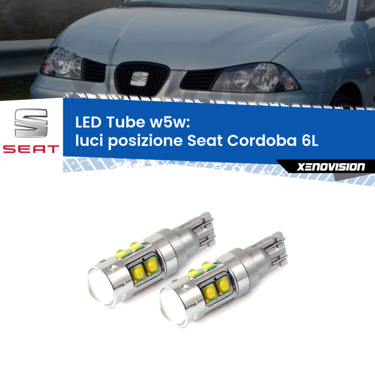 <strong>Luci posizione LED 6000k per Seat Cordoba</strong> 6L 2002-2009. Lampadine <strong>W5W</strong> canbus modello Tube, luce bianco lunare, lunga durata e compatibilità.