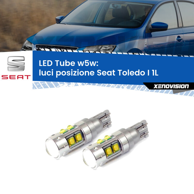 <strong>Luci posizione LED 6000k per Seat Toledo I</strong> 1L 1991-1999. Lampadine <strong>W5W</strong> canbus modello Tube, luce bianco lunare, lunga durata e compatibilità.