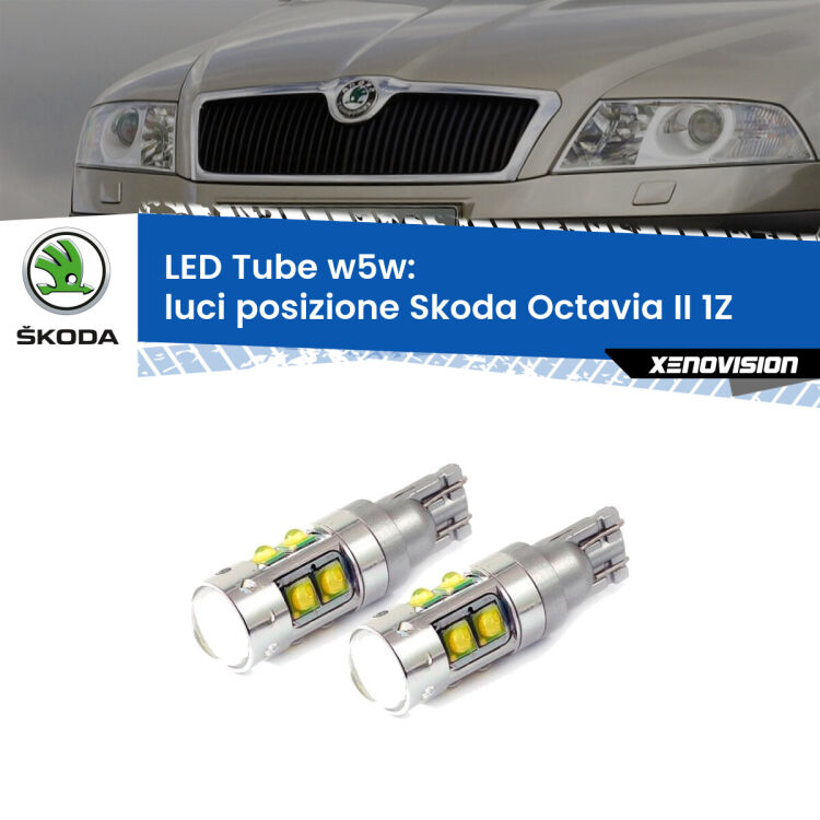 <strong>Luci posizione LED 6000k per Skoda Octavia II</strong> 1Z 2004-2013. Lampadine <strong>W5W</strong> canbus modello Tube, luce bianco lunare, lunga durata e compatibilità.