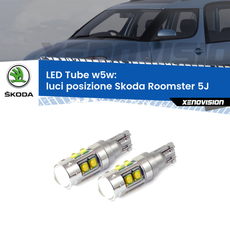 <strong>Luci posizione LED 6000k per Skoda Roomster</strong> 5J 2006-2015. Lampadine <strong>W5W</strong> canbus modello Tube, luce bianco lunare, lunga durata e compatibilità.