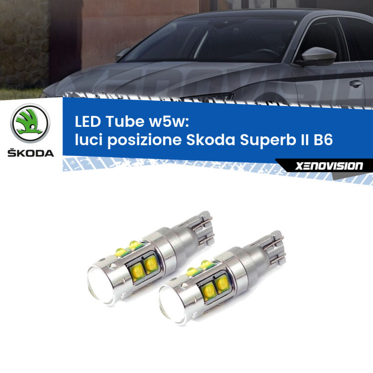 <strong>Luci posizione LED 6000k per Skoda Superb II</strong> B6 2008-2013. Lampadine <strong>W5W</strong> canbus modello Tube, luce bianco lunare, lunga durata e compatibilità.