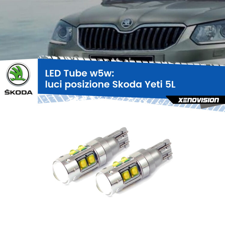 <strong>Luci posizione LED 6000k per Skoda Yeti</strong> 5L 2009-2013. Lampadine <strong>W5W</strong> canbus modello Tube, luce bianco lunare, lunga durata e compatibilità.