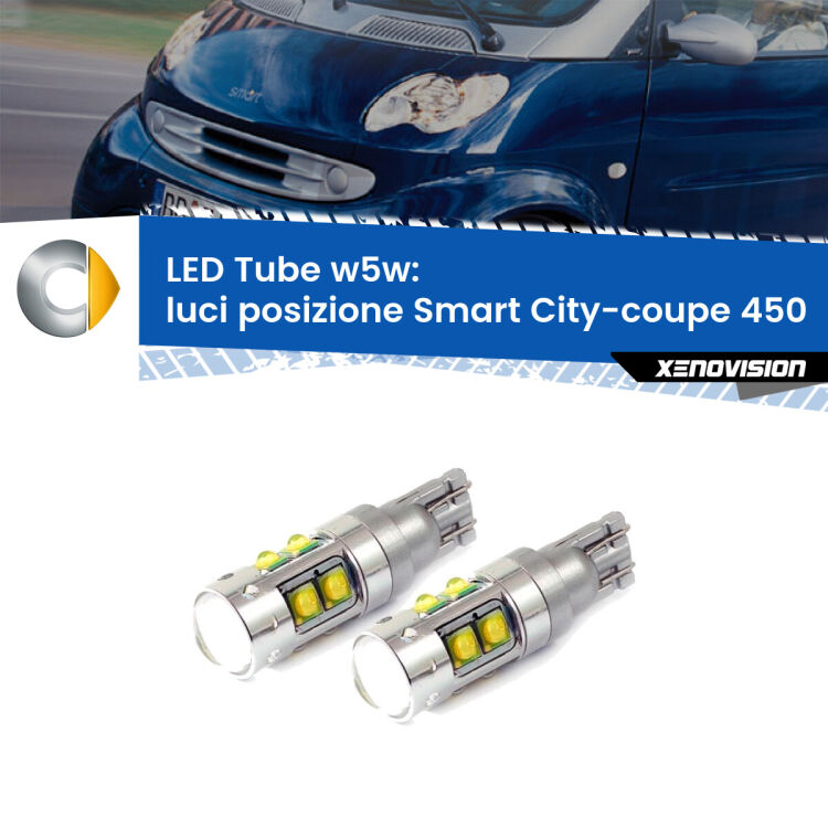 <strong>Luci posizione LED 6000k per Smart City-coupe</strong> 450 1998-2004. Lampadine <strong>W5W</strong> canbus modello Tube, luce bianco lunare, lunga durata e compatibilità.