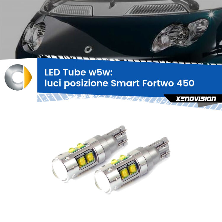 <strong>Luci posizione LED 6000k per Smart Fortwo</strong> 450 2004-2007. Lampadine <strong>W5W</strong> canbus modello Tube, luce bianco lunare, lunga durata e compatibilità.