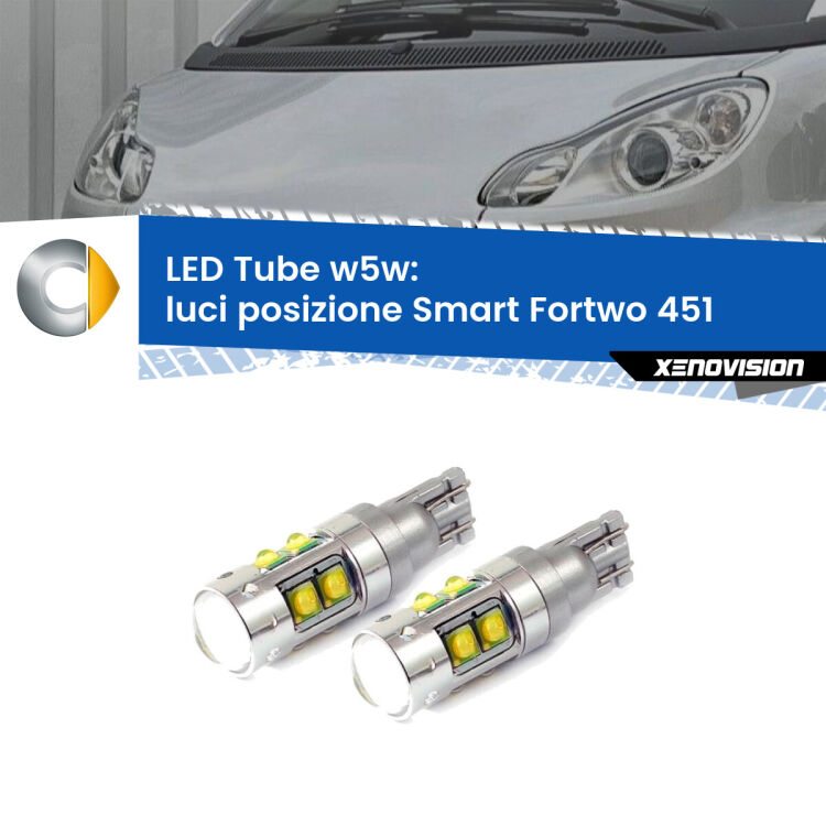 <strong>Luci posizione LED 6000k per Smart Fortwo</strong> 451 2007-2014. Lampadine <strong>W5W</strong> canbus modello Tube, luce bianco lunare, lunga durata e compatibilità.