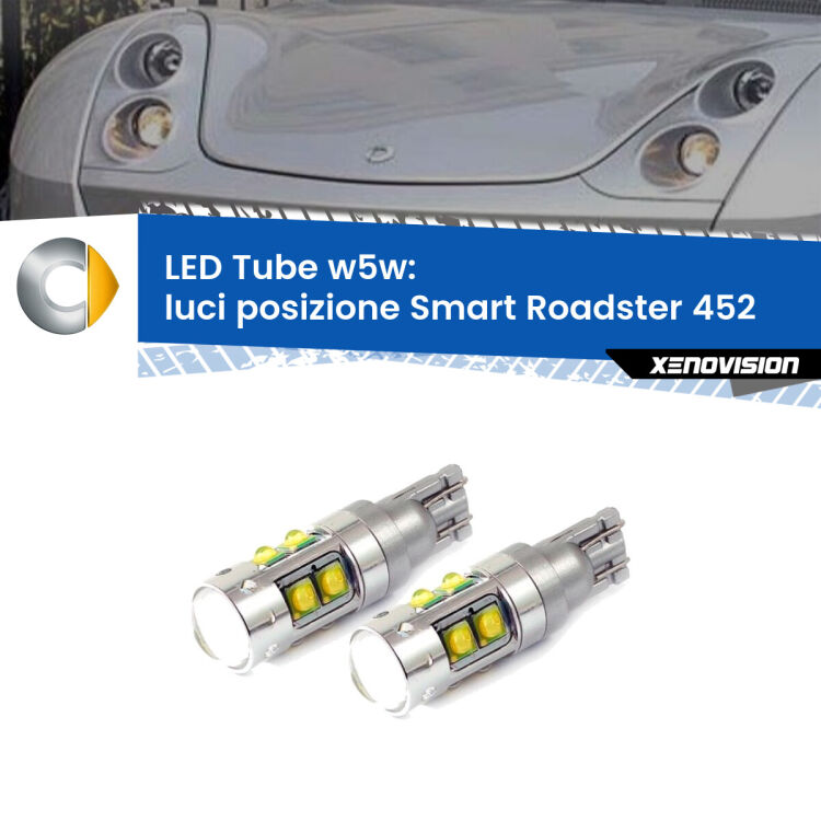 <strong>Luci posizione LED 6000k per Smart Roadster</strong> 452 2003-2005. Lampadine <strong>W5W</strong> canbus modello Tube, luce bianco lunare, lunga durata e compatibilità.