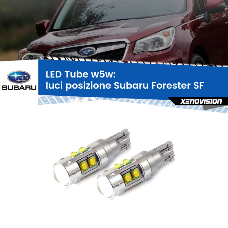 <strong>Luci posizione LED 6000k per Subaru Forester</strong> SF 1997-2002. Lampadine <strong>W5W</strong> canbus modello Tube, luce bianco lunare, lunga durata e compatibilità.