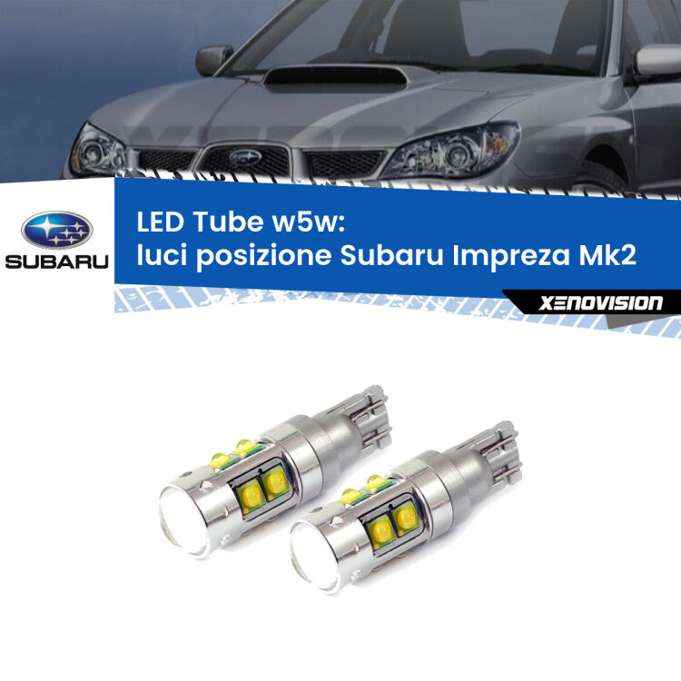 <strong>Luci posizione LED 6000k per Subaru Impreza</strong> Mk2 2000-2006. Lampadine <strong>W5W</strong> canbus modello Tube, luce bianco lunare, lunga durata e compatibilità.