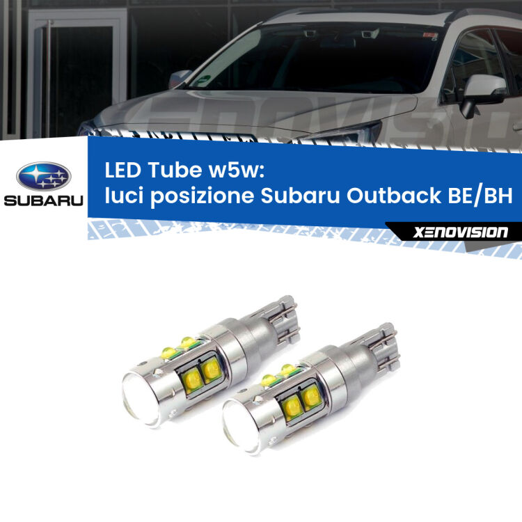 <strong>Luci posizione LED 6000k per Subaru Outback</strong> BE/BH 2000-2003. Lampadine <strong>W5W</strong> canbus modello Tube, luce bianco lunare, lunga durata e compatibilità.