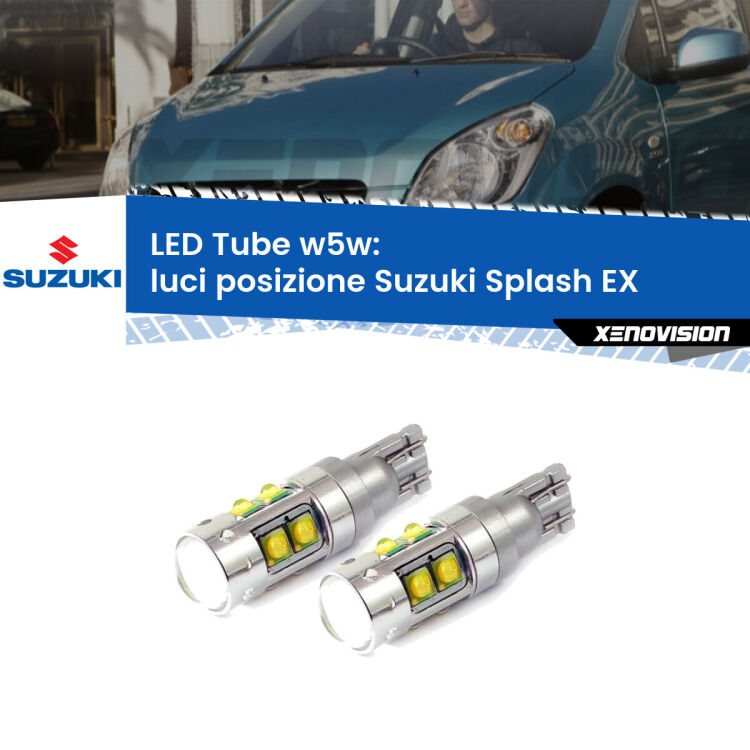 <strong>Luci posizione LED 6000k per Suzuki Splash</strong> EX 2008in poi. Lampadine <strong>W5W</strong> canbus modello Tube, luce bianco lunare, lunga durata e compatibilità.