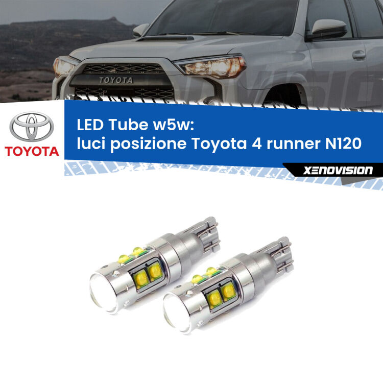 <strong>Luci posizione LED 6000k per Toyota 4 runner</strong> N120 1989-1996. Lampadine <strong>W5W</strong> canbus modello Tube, luce bianco lunare, lunga durata e compatibilità.