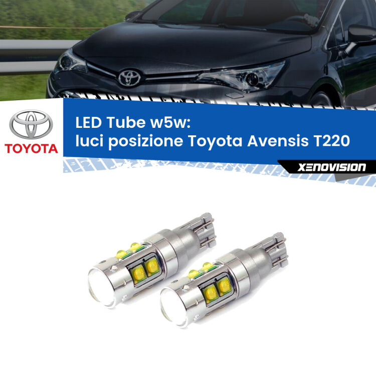 <strong>Luci posizione LED 6000k per Toyota Avensis</strong> T220 1997-2003. Lampadine <strong>W5W</strong> canbus modello Tube, luce bianco lunare, lunga durata e compatibilità.