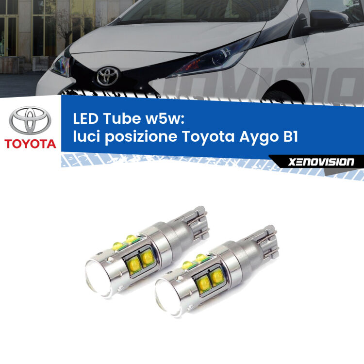 <strong>Luci posizione LED 6000k per Toyota Aygo</strong> B1 2005-2014. Lampadine <strong>W5W</strong> canbus modello Tube, luce bianco lunare, lunga durata e compatibilità.