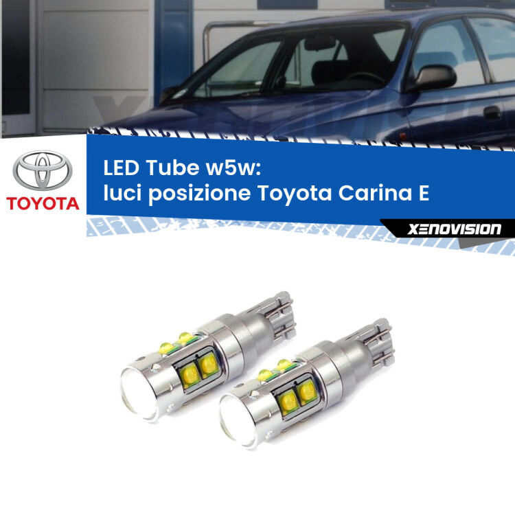 <strong>Luci posizione LED 6000k per Toyota Carina E</strong>  1992-1997. Lampadine <strong>W5W</strong> canbus modello Tube, luce bianco lunare, lunga durata e compatibilità.