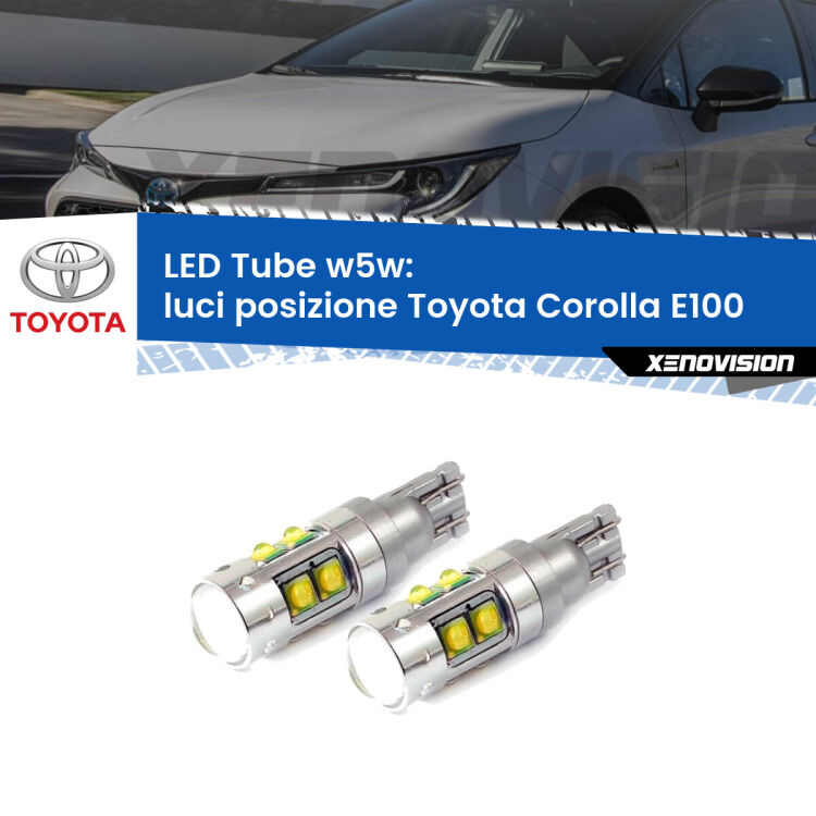 <strong>Luci posizione LED 6000k per Toyota Corolla</strong> E100 1992-1997. Lampadine <strong>W5W</strong> canbus modello Tube, luce bianco lunare, lunga durata e compatibilità.