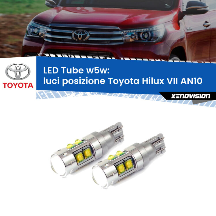 <strong>Luci posizione LED 6000k per Toyota Hilux VII</strong> AN10 2004-2015. Lampadine <strong>W5W</strong> canbus modello Tube, luce bianco lunare, lunga durata e compatibilità.