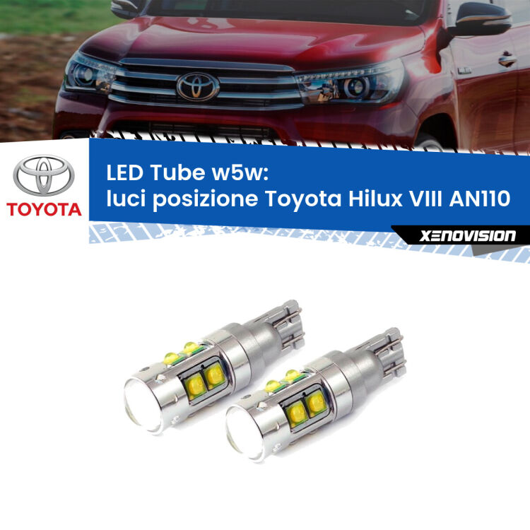 <strong>Luci posizione LED 6000k per Toyota Hilux VIII</strong> AN110 2015in poi. Lampadine <strong>W5W</strong> canbus modello Tube, luce bianco lunare, lunga durata e compatibilità.