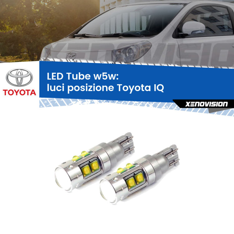 <strong>Luci posizione LED 6000k per Toyota IQ</strong>  2009-2015. Lampadine <strong>W5W</strong> canbus modello Tube, luce bianco lunare, lunga durata e compatibilità.