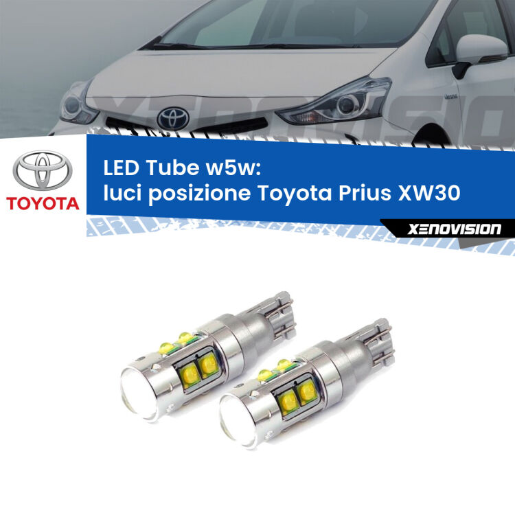 <strong>Luci posizione LED 6000k per Toyota Prius</strong> XW30 2008-2014. Lampadine <strong>W5W</strong> canbus modello Tube, luce bianco lunare, lunga durata e compatibilità.