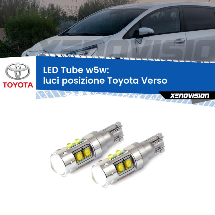 <strong>Luci posizione LED 6000k per Toyota Verso</strong>  2009-2018. Lampadine <strong>W5W</strong> canbus modello Tube, luce bianco lunare, lunga durata e compatibilità.