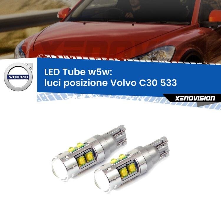 <strong>Luci posizione LED 6000k per Volvo C30</strong> 533 2006-2013. Lampadine <strong>W5W</strong> canbus modello Tube, luce bianco lunare, lunga durata e compatibilità.