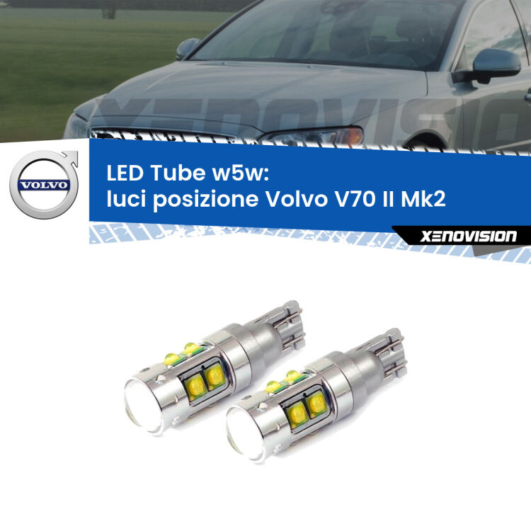 <strong>Luci posizione LED 6000k per Volvo V70 II</strong> Mk2 2000-2007. Lampadine <strong>W5W</strong> canbus modello Tube, luce bianco lunare, lunga durata e compatibilità.