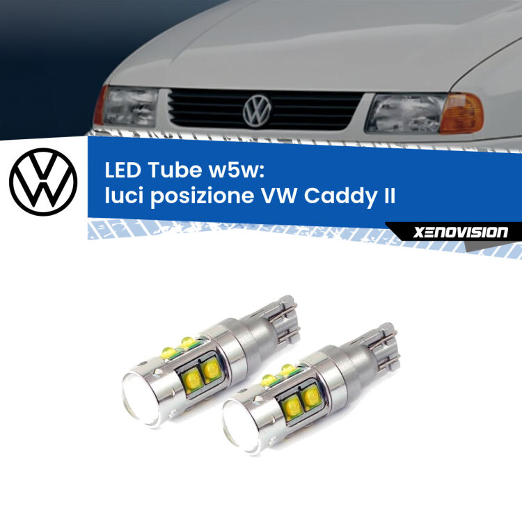 <strong>Luci posizione LED 6000k per VW Caddy II</strong>  1996-2004. Lampadine <strong>W5W</strong> canbus modello Tube, luce bianco lunare, lunga durata e compatibilità.