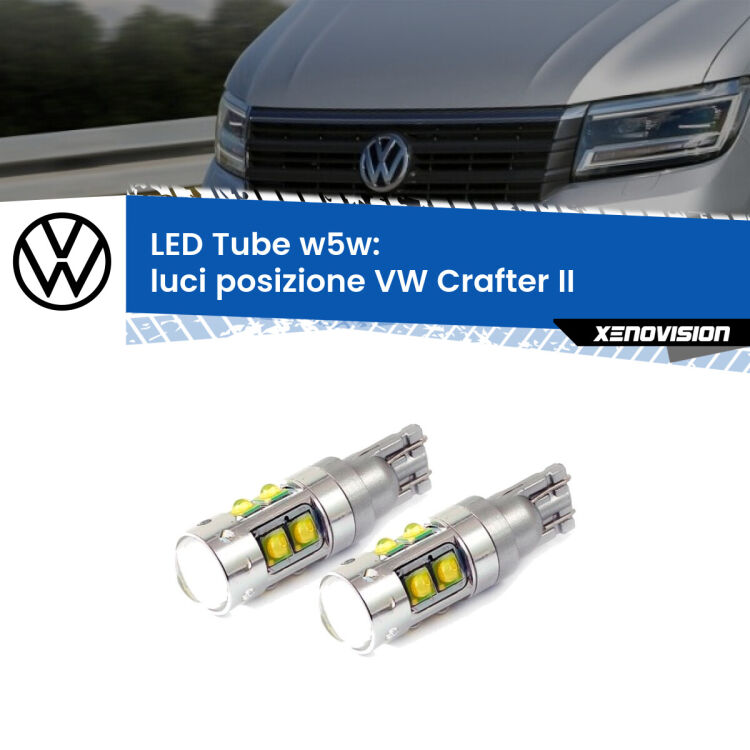 <strong>Luci posizione LED 6000k per VW Crafter</strong> II 2016in poi. Lampadine <strong>W5W</strong> canbus modello Tube, luce bianco lunare, lunga durata e compatibilità.