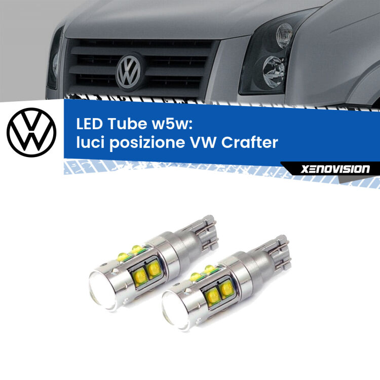 <strong>Luci posizione LED 6000k per VW Crafter</strong>  senza luci diurne. Lampadine <strong>W5W</strong> canbus modello Tube, luce bianco lunare, lunga durata e compatibilità.