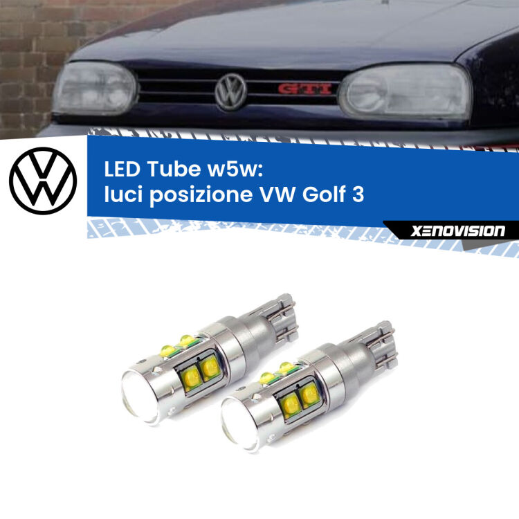 <strong>Luci posizione LED 6000k per VW Golf 3</strong>  a parabola doppia. Lampadine <strong>W5W</strong> canbus modello Tube, luce bianco lunare, lunga durata e compatibilità.