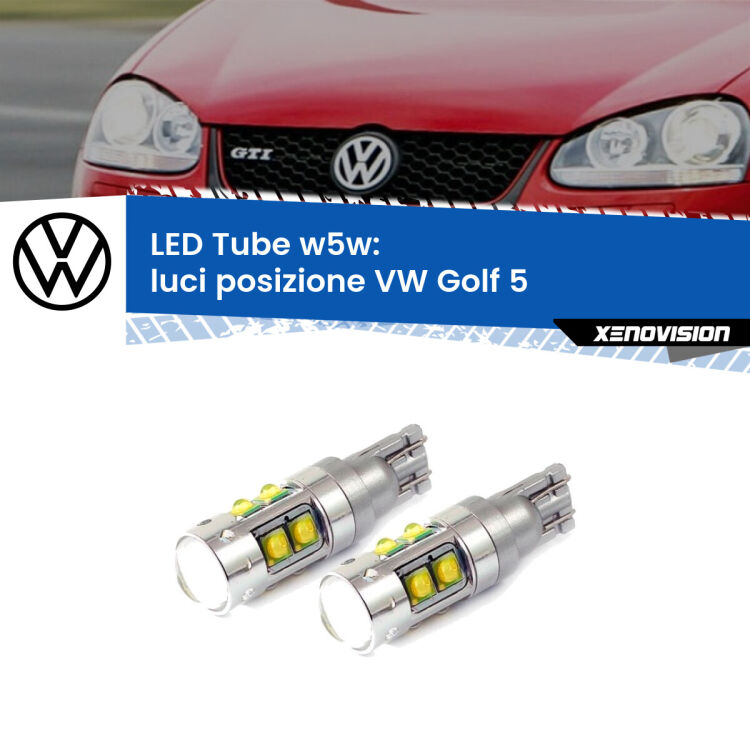 <strong>Luci posizione LED 6000k per VW Golf 5</strong>  2003-2009. Lampadine <strong>W5W</strong> canbus modello Tube, luce bianco lunare, lunga durata e compatibilità.