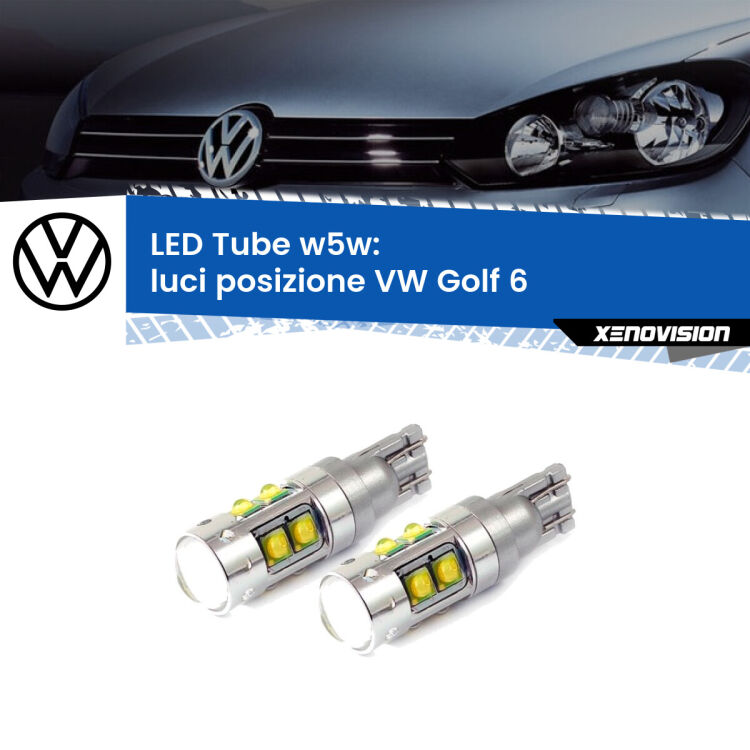 <strong>Luci posizione LED 6000k per VW Golf 6</strong>  2008-2011. Lampadine <strong>W5W</strong> canbus modello Tube, luce bianco lunare, lunga durata e compatibilità.