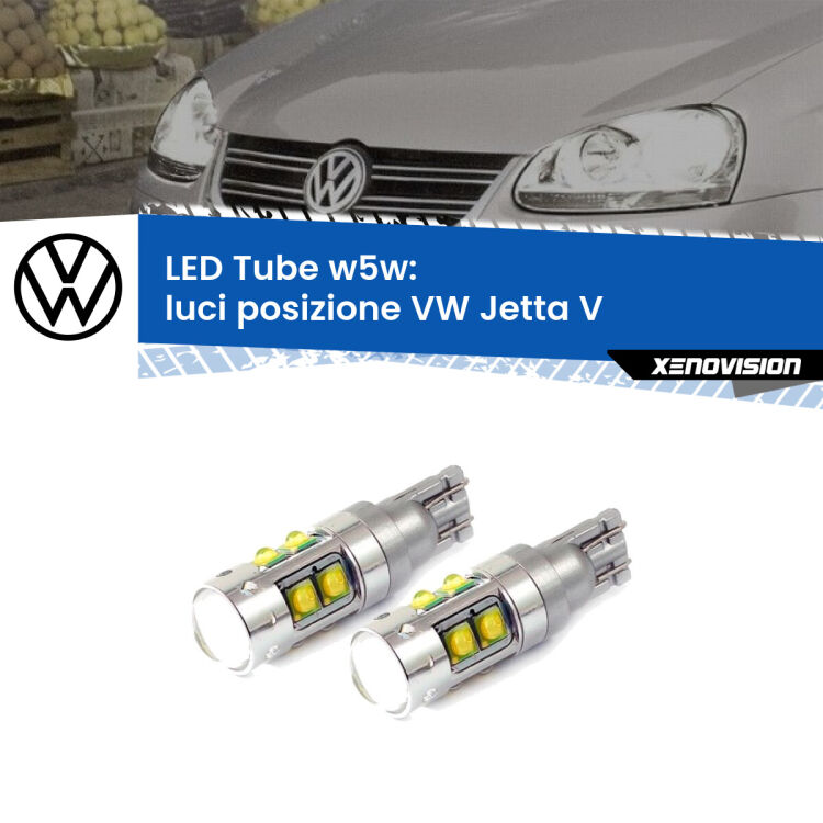 <strong>Luci posizione LED 6000k per VW Jetta</strong> V 2005-2010. Lampadine <strong>W5W</strong> canbus modello Tube, luce bianco lunare, lunga durata e compatibilità.