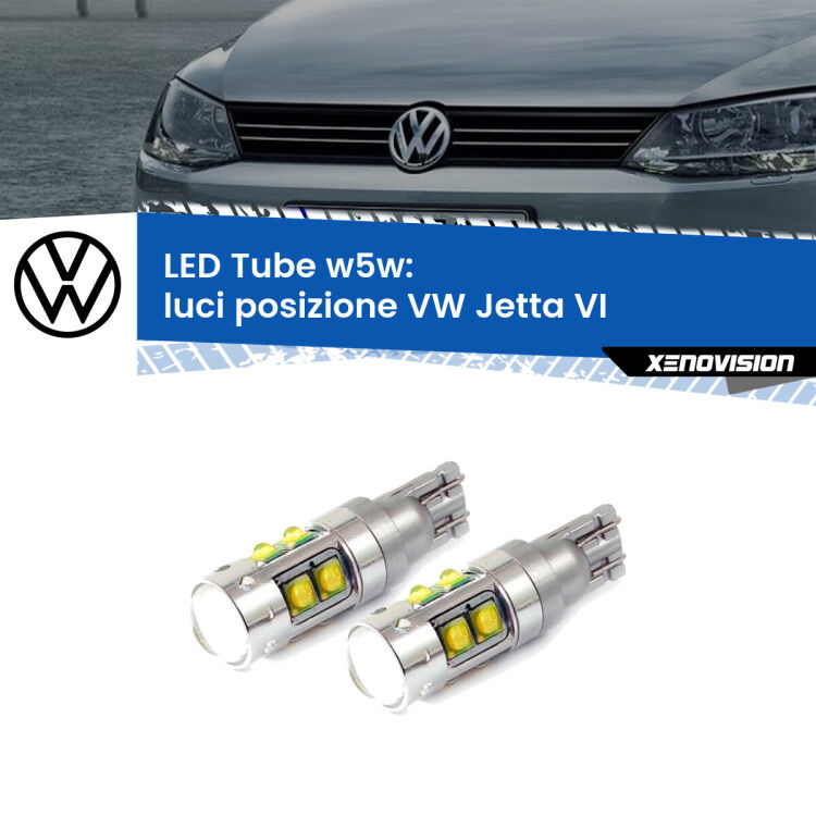 <strong>Luci posizione LED 6000k per VW Jetta</strong> VI 2010-2017. Lampadine <strong>W5W</strong> canbus modello Tube, luce bianco lunare, lunga durata e compatibilità.