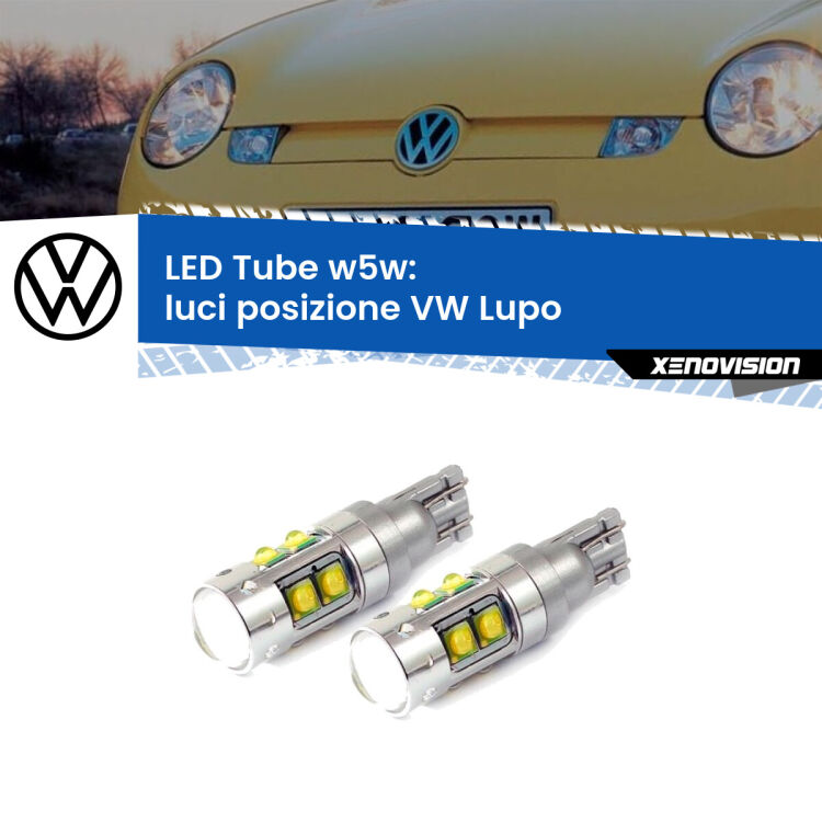 <strong>Luci posizione LED 6000k per VW Lupo</strong>  1988-2005. Lampadine <strong>W5W</strong> canbus modello Tube, luce bianco lunare, lunga durata e compatibilità.