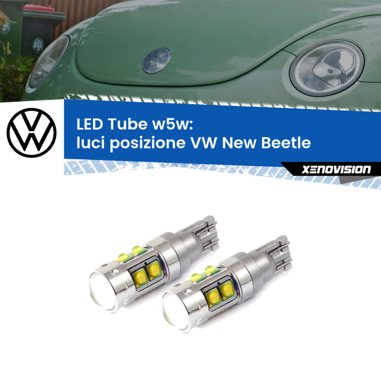 <strong>Luci posizione LED 6000k per VW New Beetle</strong>  1998-2010. Lampadine <strong>W5W</strong> canbus modello Tube, luce bianco lunare, lunga durata e compatibilità.