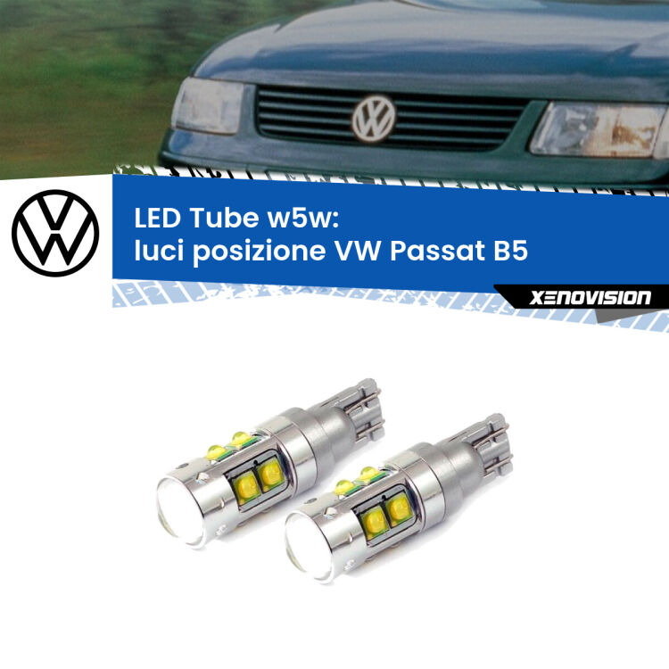 <strong>Luci posizione LED 6000k per VW Passat</strong> B5 1996-2000. Lampadine <strong>W5W</strong> canbus modello Tube, luce bianco lunare, lunga durata e compatibilità.