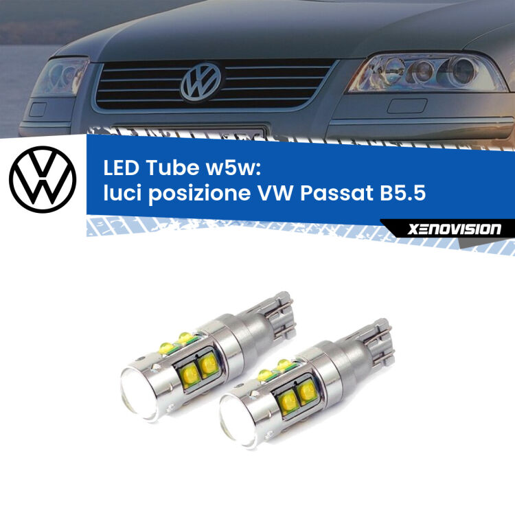 <strong>Luci posizione LED 6000k per VW Passat</strong> B5.5 2000-2005. Lampadine <strong>W5W</strong> canbus modello Tube, luce bianco lunare, lunga durata e compatibilità.