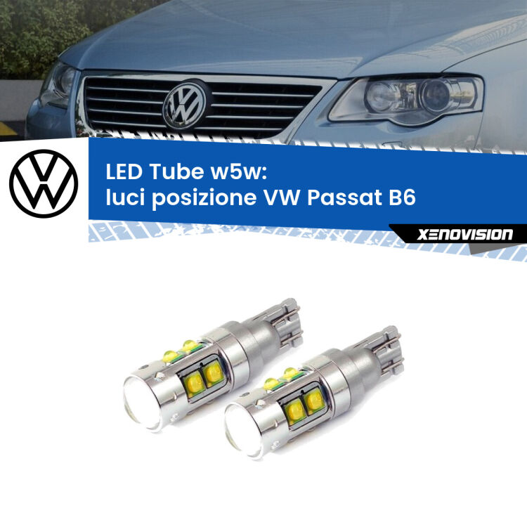 <strong>Luci posizione LED 6000k per VW Passat</strong> B6 2005-2010. Lampadine <strong>W5W</strong> canbus modello Tube, luce bianco lunare, lunga durata e compatibilità.