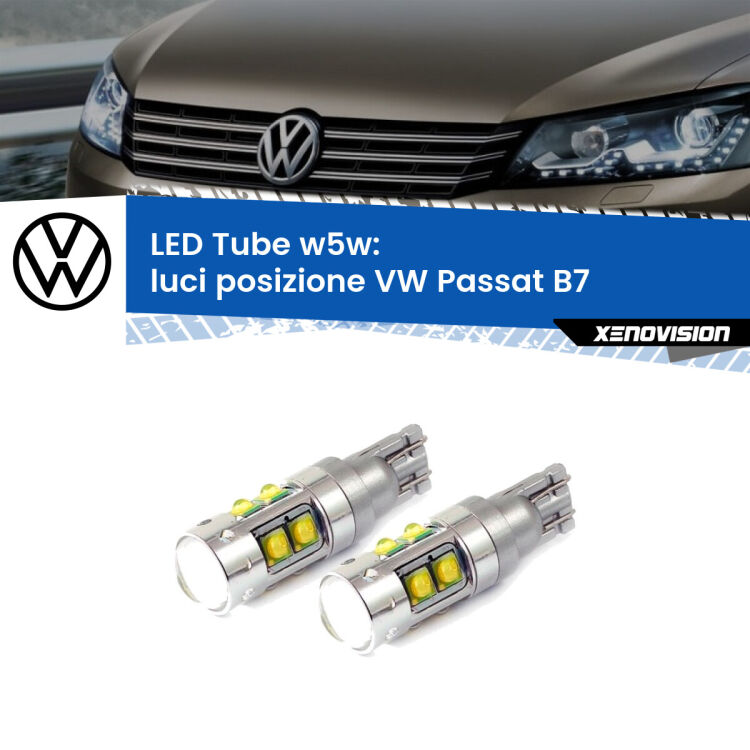 <strong>Luci posizione LED 6000k per VW Passat</strong> B7 2010-2014. Lampadine <strong>W5W</strong> canbus modello Tube, luce bianco lunare, lunga durata e compatibilità.